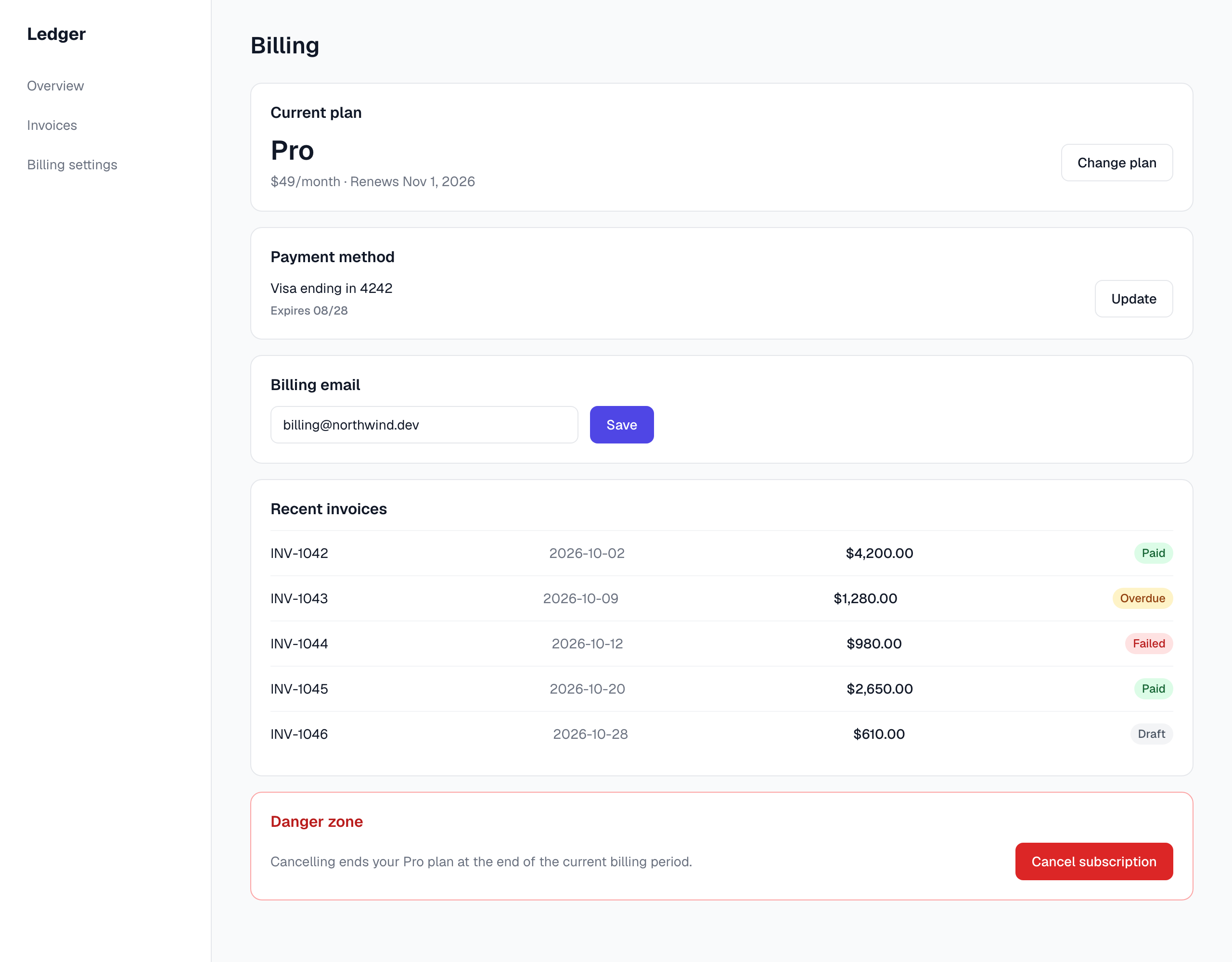 The billing page an agent built after the changes. It uses only tokens and recipes.