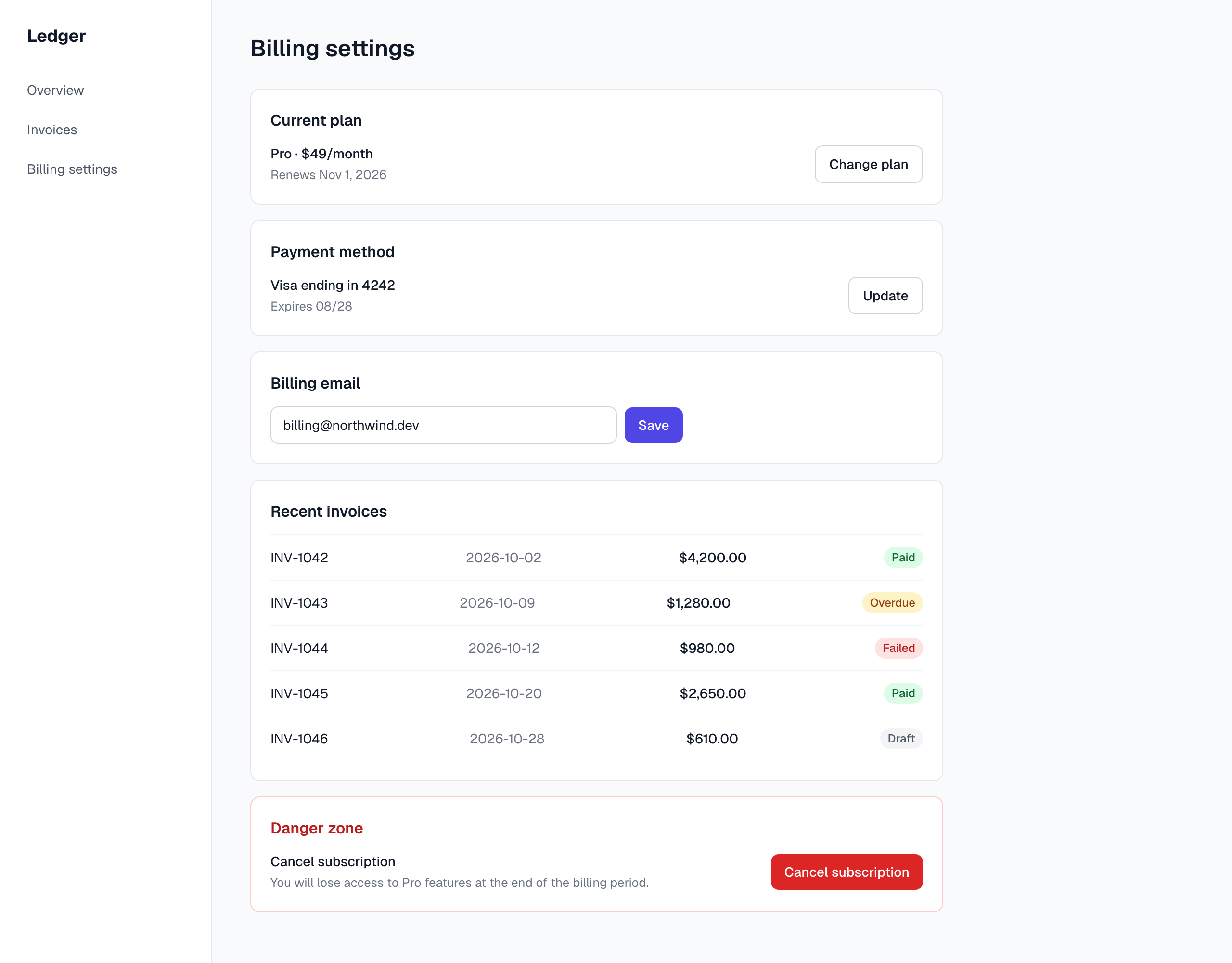 The billing page an agent built before the changes. It uses 17 hardcoded hex colors.