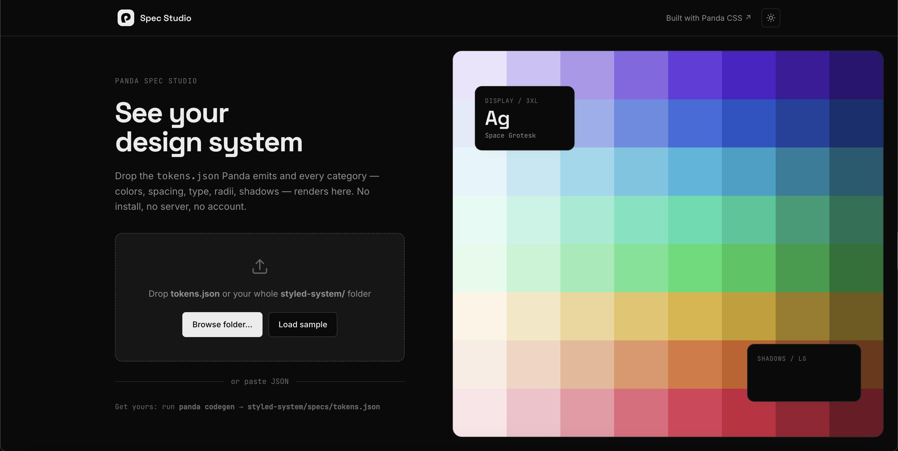 Studio, a full color system rendered straight from design-system.json