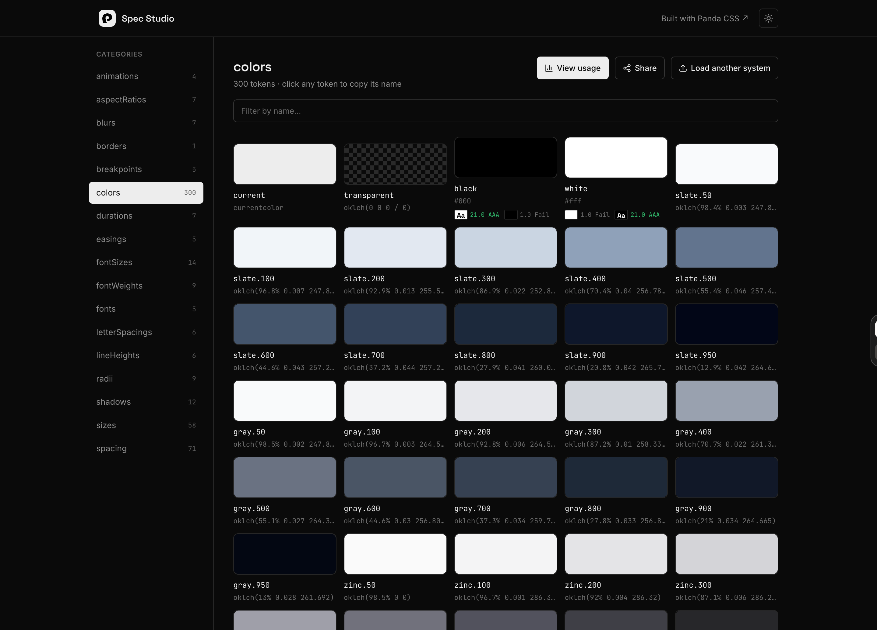 The colors category in Studio: a swatch grid with values and WCAG contrast readouts, categories down the side